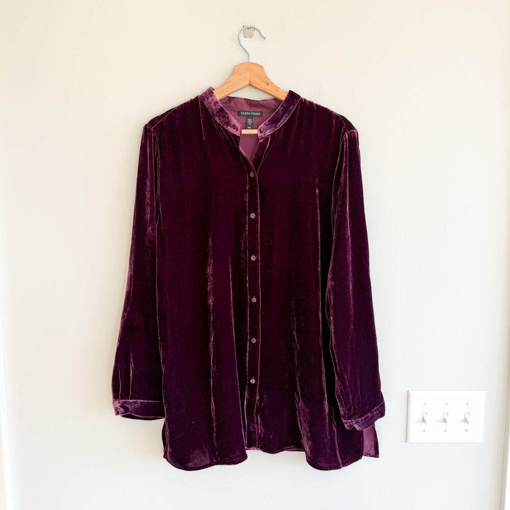 Eileen Fisher Silk Blend Velvet Classic Collar Button Down Shirt in Casis